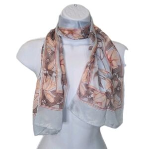 Sacha Pastel Blue Silk Rectangle Scarf with Pink Lillies 46x10 necktie hair